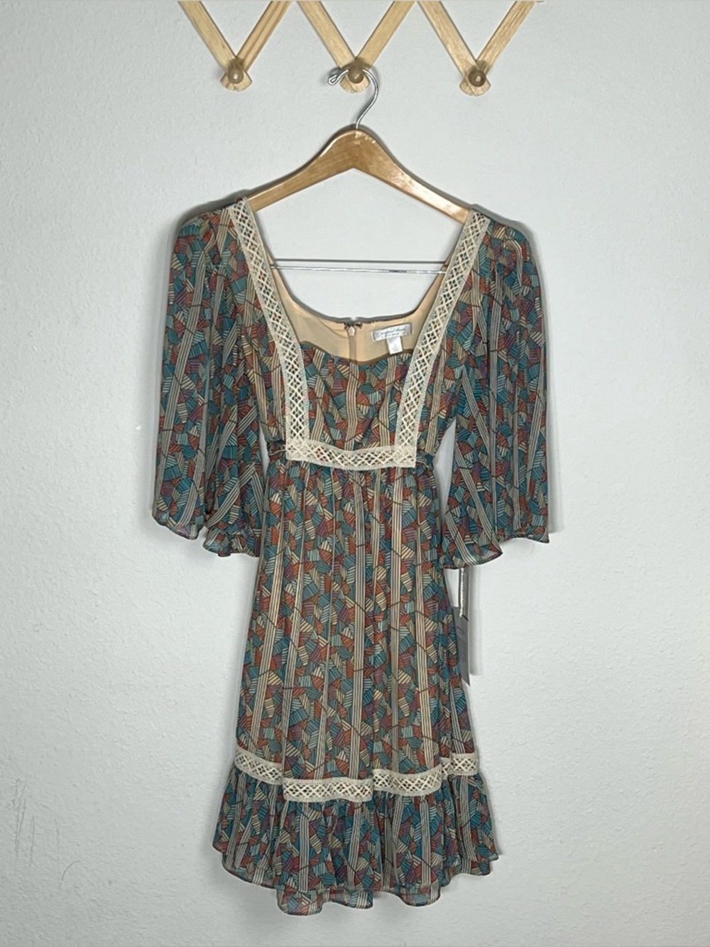 Boho Printed Square-Neck Mini Dress with Lace Trim - Teal/Multi